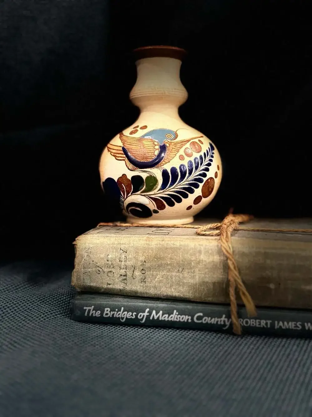 Vintage Tonala Mexican Folk Art Pottery Vase with Hand-Painted Bird Design